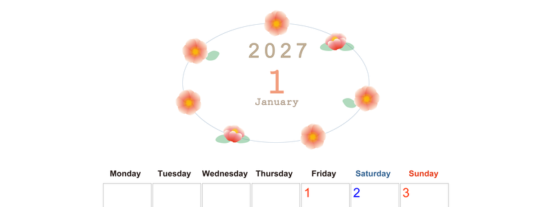 2027年1月縦型の月曜始まり 花々のイラストのかわいいA4無料カレンダー