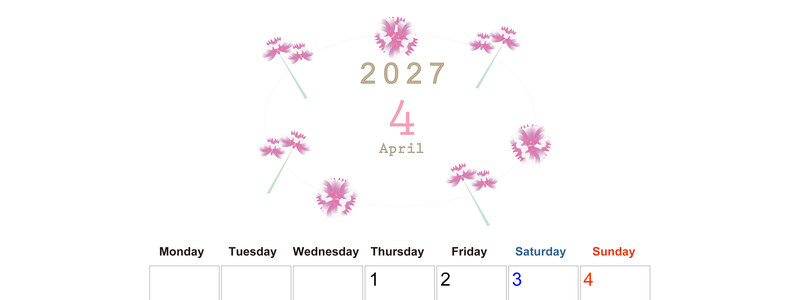 2027年4月縦型の月曜始まり 牡丹桜イラストのかわいいA4無料カレンダー