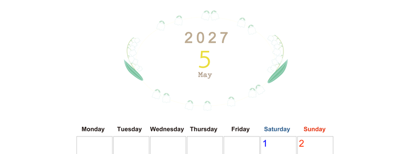 2027年5月縦型の月曜始まり すずらんイラストのかわいいA4無料カレンダー
