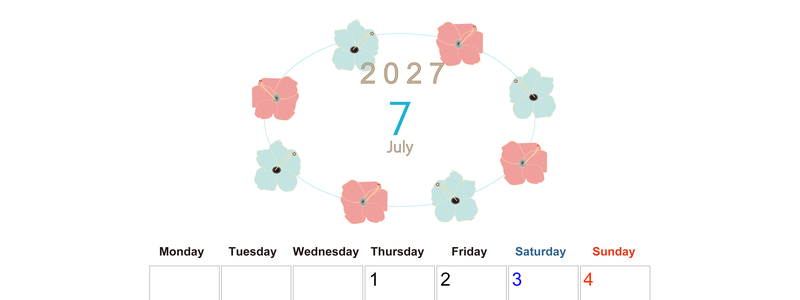 2027年7月縦型の月曜始まり 花のイラストがかわいいA4無料カレンダー