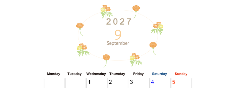 2027年9月縦型の月曜始まり 花イラストのかわいいA4無料カレンダー