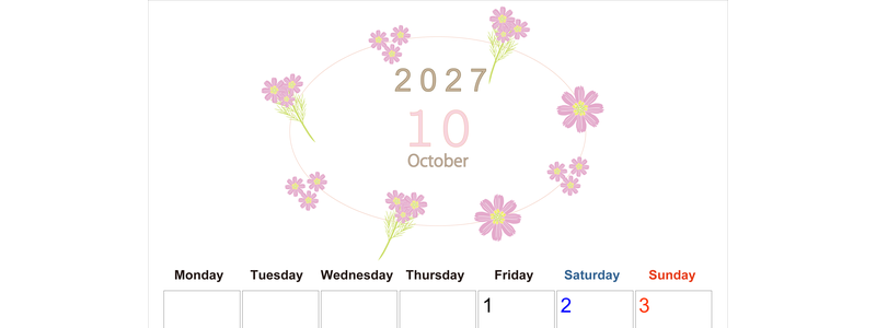 2027年10月縦型の月曜始まり 花イラストのかわいいA4無料カレンダー