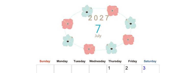 2027年7月縦型の日曜始まり 花のイラストがかわいいA4無料カレンダー