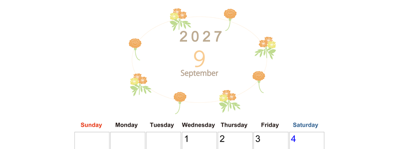 2027年9月縦型の日曜始まり 花イラストのかわいいA4無料カレンダー