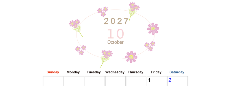 2027年10月縦型の日曜始まり 花イラストのかわいいA4無料カレンダー