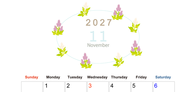 2027年11月縦型の日曜始まり 花イラストのかわいいA4無料カレンダー