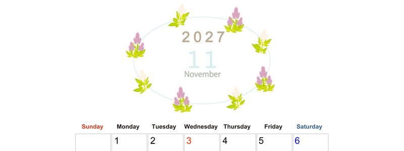 2027年11月縦型の日曜始まり 花イラストのかわいいA4無料カレンダー