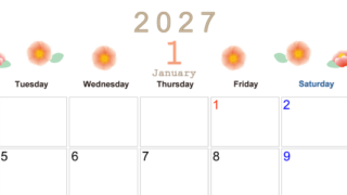 2027年1月横型の月曜始まり ピンクの花イラストのかわいいA4無料カレンダー