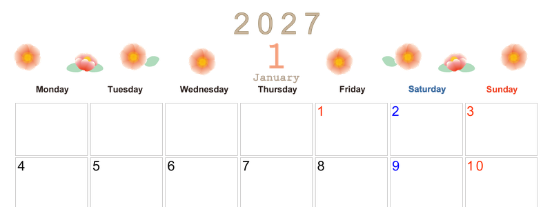 2027年1月横型の月曜始まり ピンクの花イラストのかわいいA4無料カレンダー
