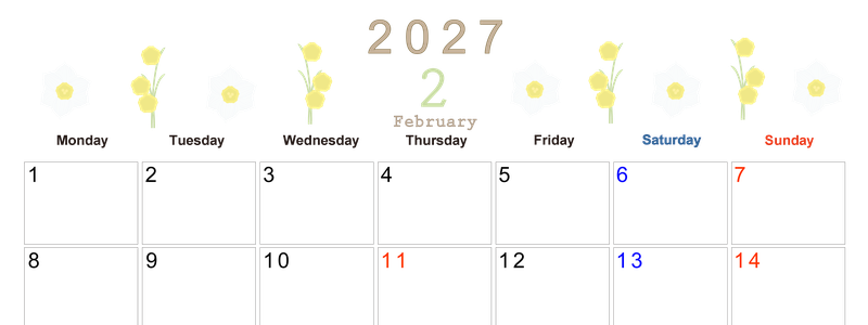 2027年2月横型の月曜始まり 黄色の草花がかわいいイラストA4無料カレンダー