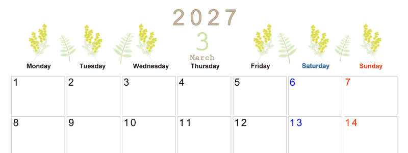 2027年3月横型の月曜始まり フラワーイラストのかわいいA4無料カレンダー
