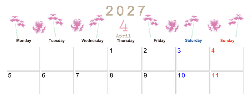 2027年4月横型の月曜始まり 牡丹桜イラストのかわいいA4無料カレンダー