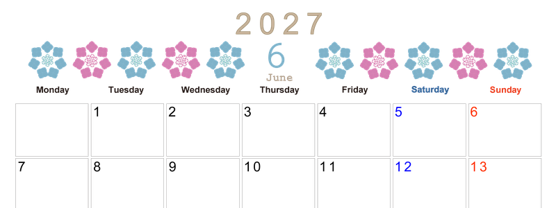 2027年6月横型の月曜始まり あじさいイラストのかわいいA4無料カレンダー