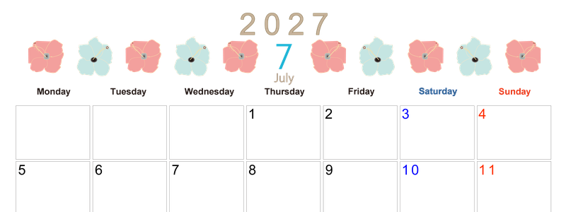 2027年7月横型の月曜始まり 花のイラストがかわいいA4無料カレンダー