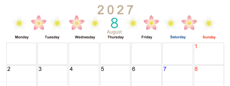 2027年8月横型の月曜始まり プルメリアがかわいいイラストA4無料カレンダー