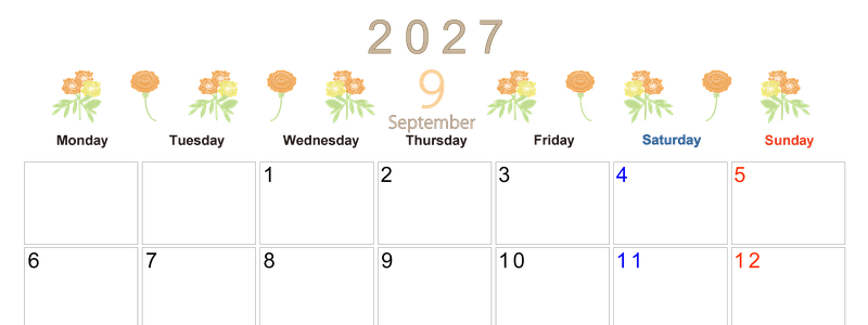 2027年9月横型の月曜始まり 花イラストのかわいいA4無料カレンダー