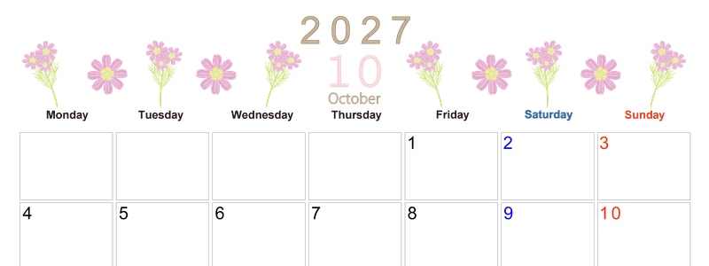 2027年10月横型の月曜始まり 花イラストのかわいいA4無料カレンダー
