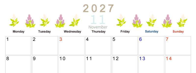 2027年11月横型の月曜始まり 花イラストのかわいいA4無料カレンダー