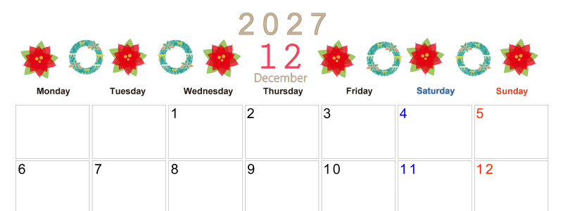 2027年12月横型の月曜始まり ポインセチアがかわいいイラストA4無料カレンダー