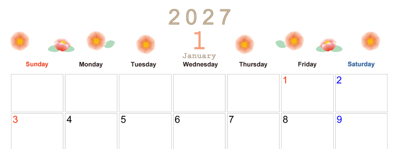 2027年1月横型の日曜始まり 季節の花イラストのかわいいA4無料カレンダー