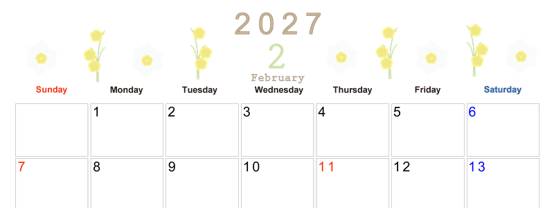 2027年2月横型の日曜始まり 黄色の草花がかわいいイラストA4無料カレンダー