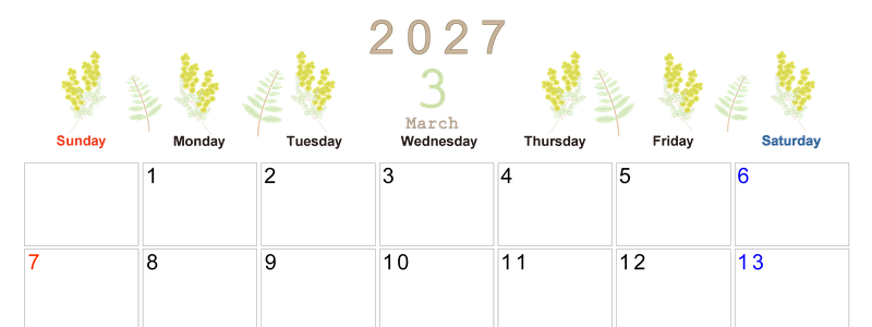 2027年3月横型の日曜始まり フラワーイラストのかわいいA4無料カレンダー