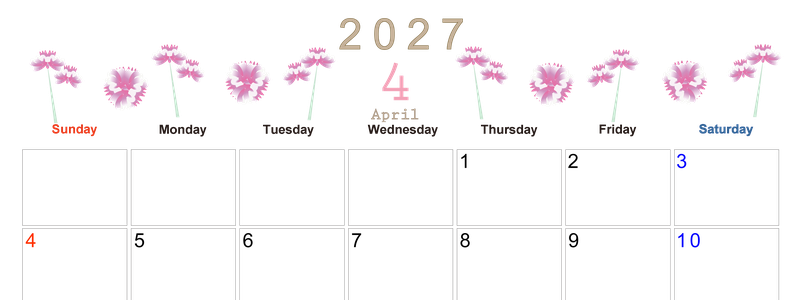2027年4月横型の日曜始まり 牡丹桜イラストのかわいいA4無料カレンダー
