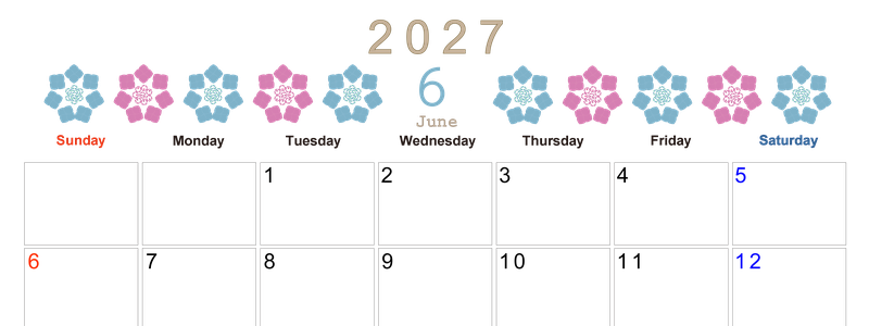 2027年6月横型の日曜始まり あじさいイラストのかわいいA4無料カレンダー