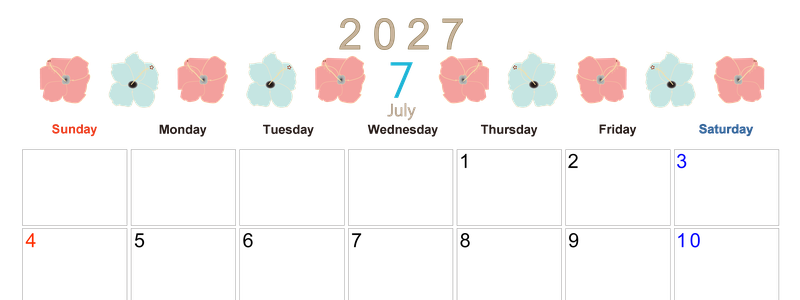 2027年7月横型の日曜始まり 花のイラストがかわいいA4無料カレンダー