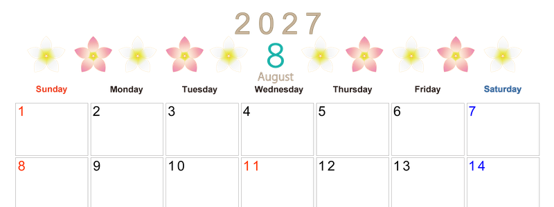 2027年8月横型の日曜始まり プルメリアがかわいいイラストA4無料カレンダー