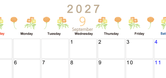 2027年9月横型の日曜始まり 花イラストのかわいいA4無料カレンダー