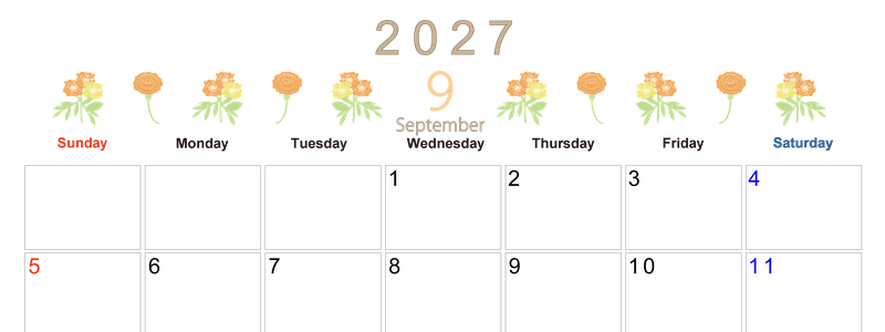 2027年9月横型の日曜始まり 花イラストのかわいいA4無料カレンダー