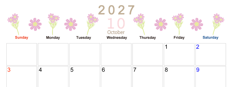 2027年10月横型の日曜始まり 花イラストのかわいいA4無料カレンダー