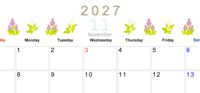 2027年11月横型の日曜始まり 花イラストのかわいいA4無料カレンダー