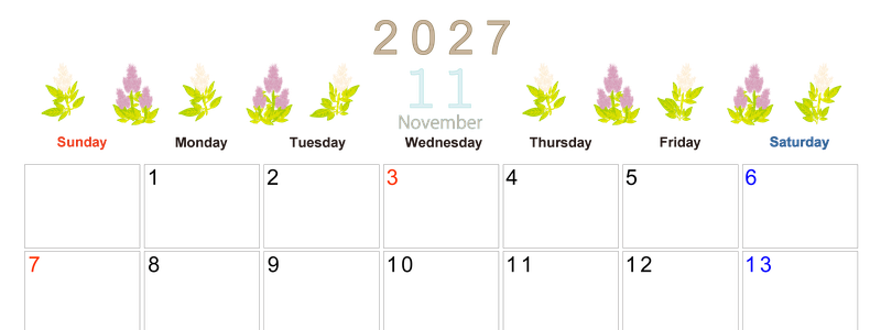 2027年11月横型の日曜始まり 花イラストのかわいいA4無料カレンダー