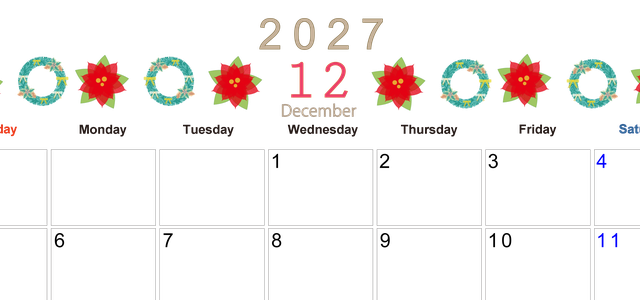 2027年12月横型の日曜始まり ポインセチアがかわいいイラストA4無料カレンダー