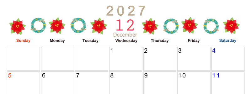 2027年12月横型の日曜始まり ポインセチアがかわいいイラストA4無料カレンダー
