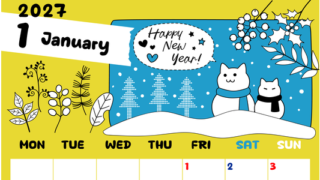 2027年1月縦型の月曜始まり ポップな雪イラストのかわいいA4無料カレンダー