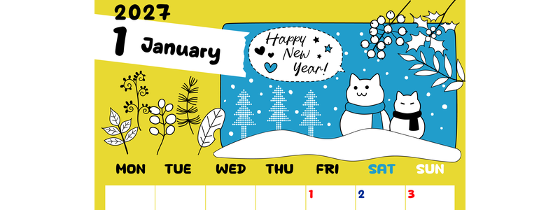 2027年1月縦型の月曜始まり ポップな雪イラストのかわいいA4無料カレンダー