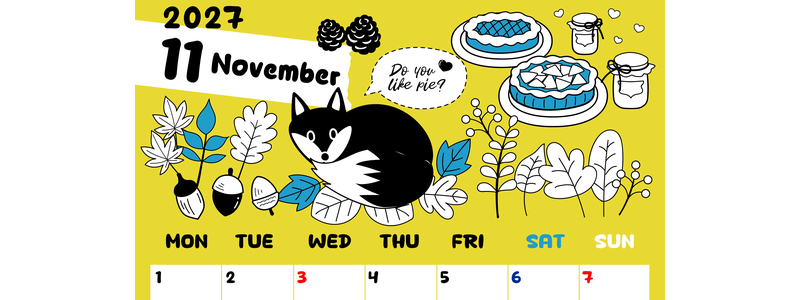 2027年11月縦型の月曜始まり アップルパイのイラストがかわいいA4無料カレンダー