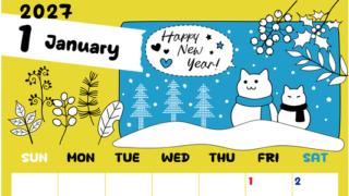 2027年1月縦型の日曜始まり ポップな猫イラストのかわいいA4無料カレンダー