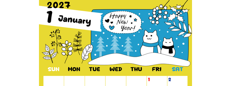 2027年1月縦型の日曜始まり ポップな猫イラストのかわいいA4無料カレンダー