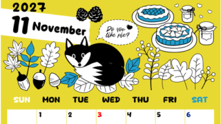 2027年11月縦型の日曜始まり アップルパイのイラストがかわいいA4無料カレンダー