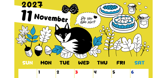 2027年11月縦型の日曜始まり アップルパイのイラストがかわいいA4無料カレンダー