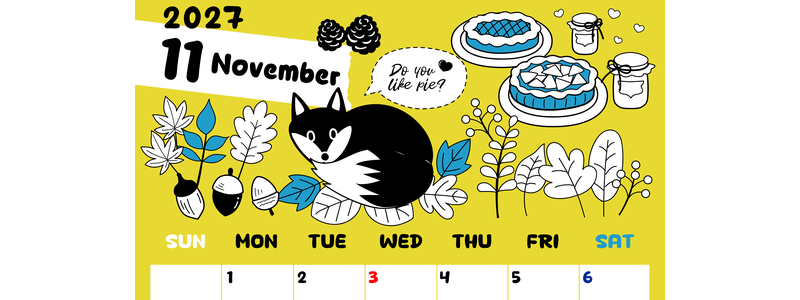 2027年11月縦型の日曜始まり アップルパイのイラストがかわいいA4無料カレンダー