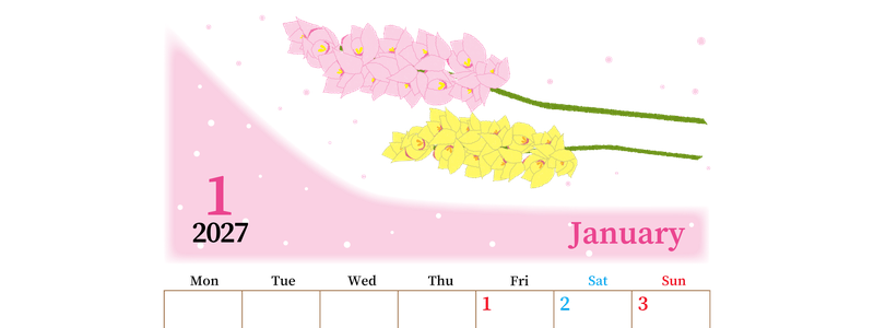2027年1月縦型の月曜始まり ピンクの花イラストのおしゃれA4無料カレンダー