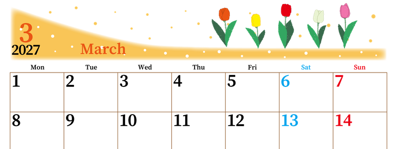 2027年3月横型の月曜始まり チューリップイラストのおしゃれA4無料カレンダー