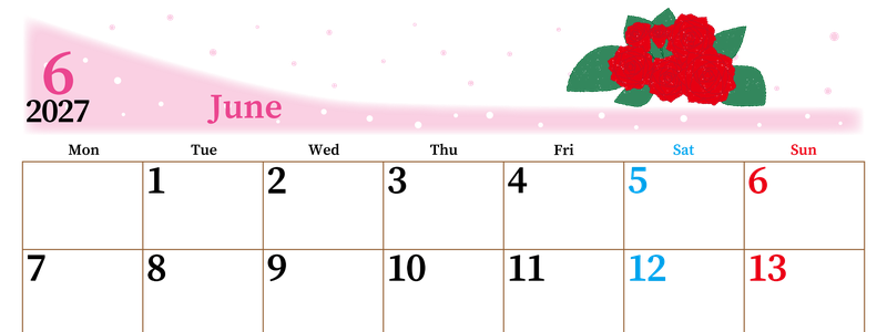 2027年6月横型の月曜始まり 薔薇イラストのおしゃれA4無料カレンダー