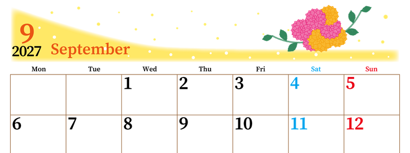 2027年9月横型の月曜始まり マリーゴールドがおしゃれなイラストA4無料カレンダー
