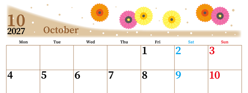 2027年10月横型の月曜始まり ダリアの花イラストのおしゃれA4無料カレンダー
